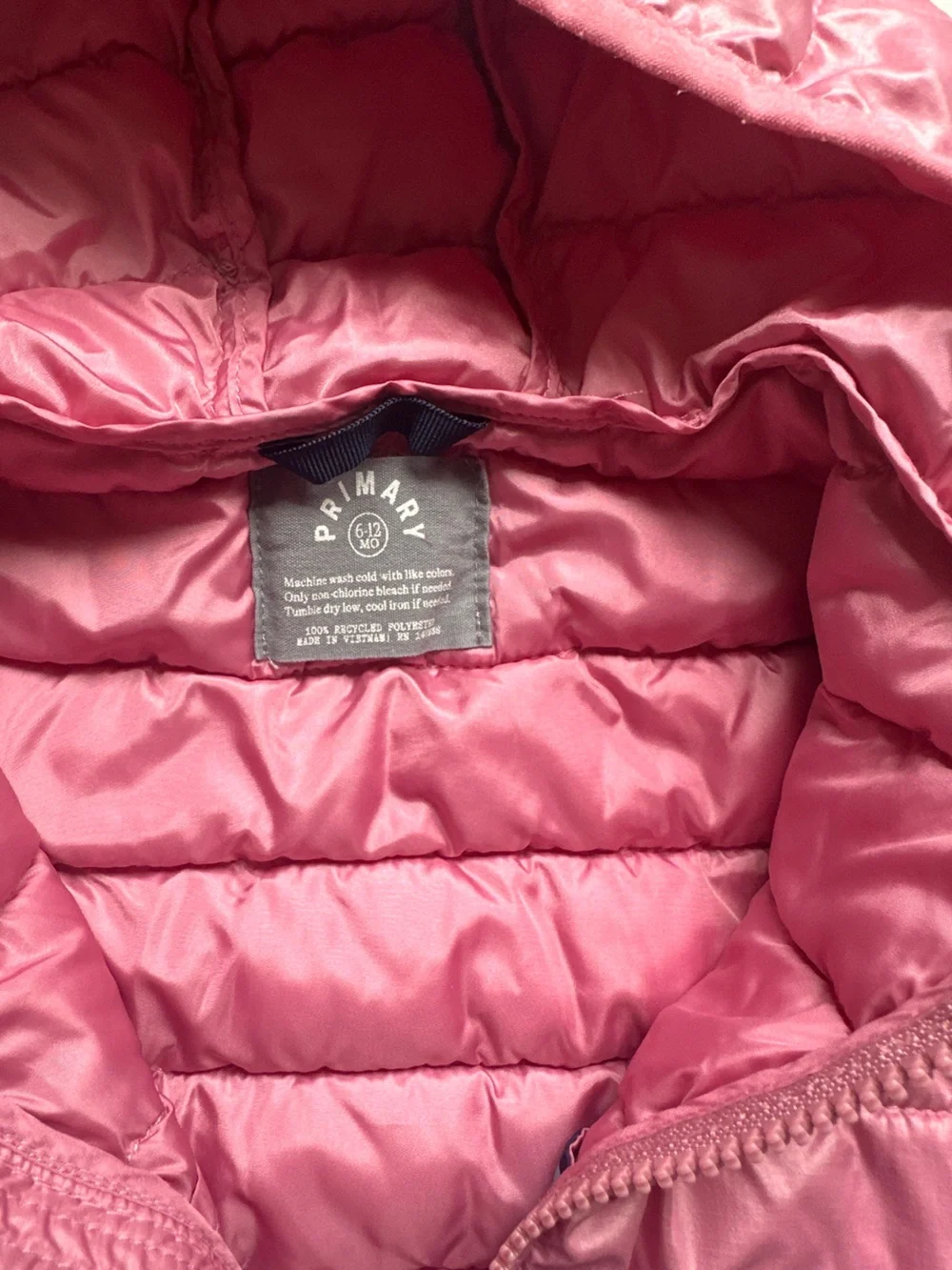 Primary Pink Lightweight Puffer Jacket Coat Zip Up with Hood 6-12m